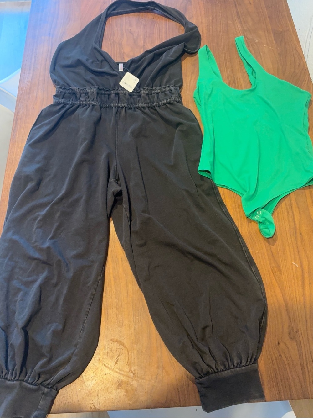 Free People Black deep V Smocked Waist Halter bonus piece Med Reoria bodysuit